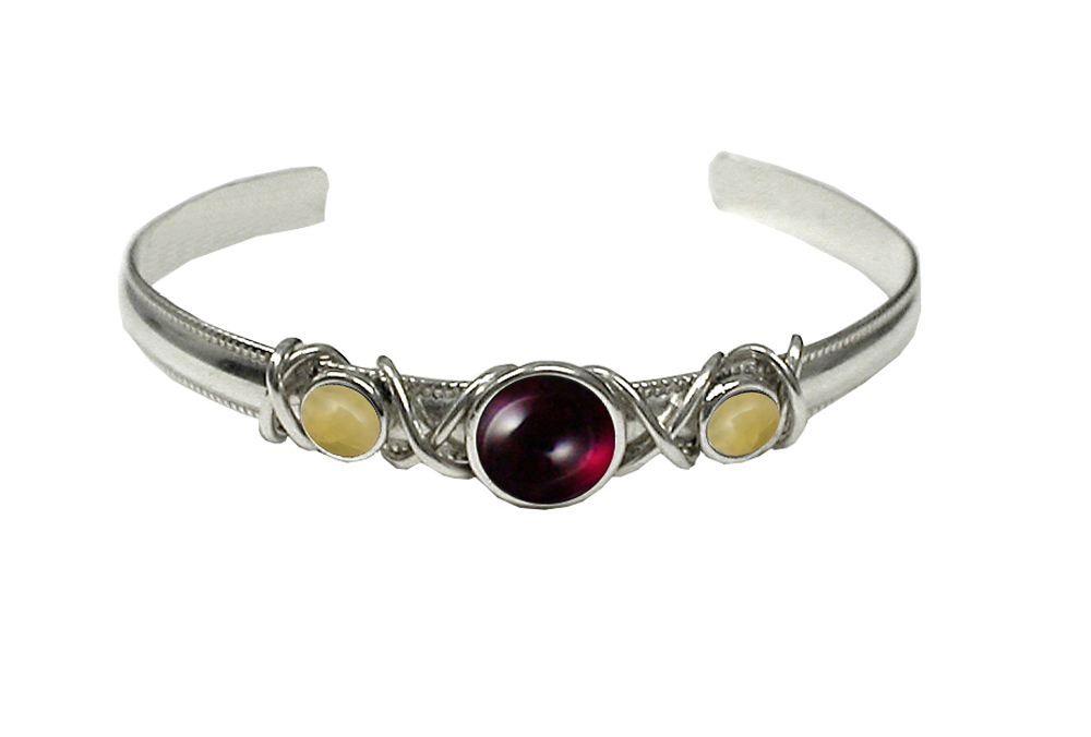 Sterling Silver Hand Made Cuff Bracelet With Garnet And Yellow Aragonite